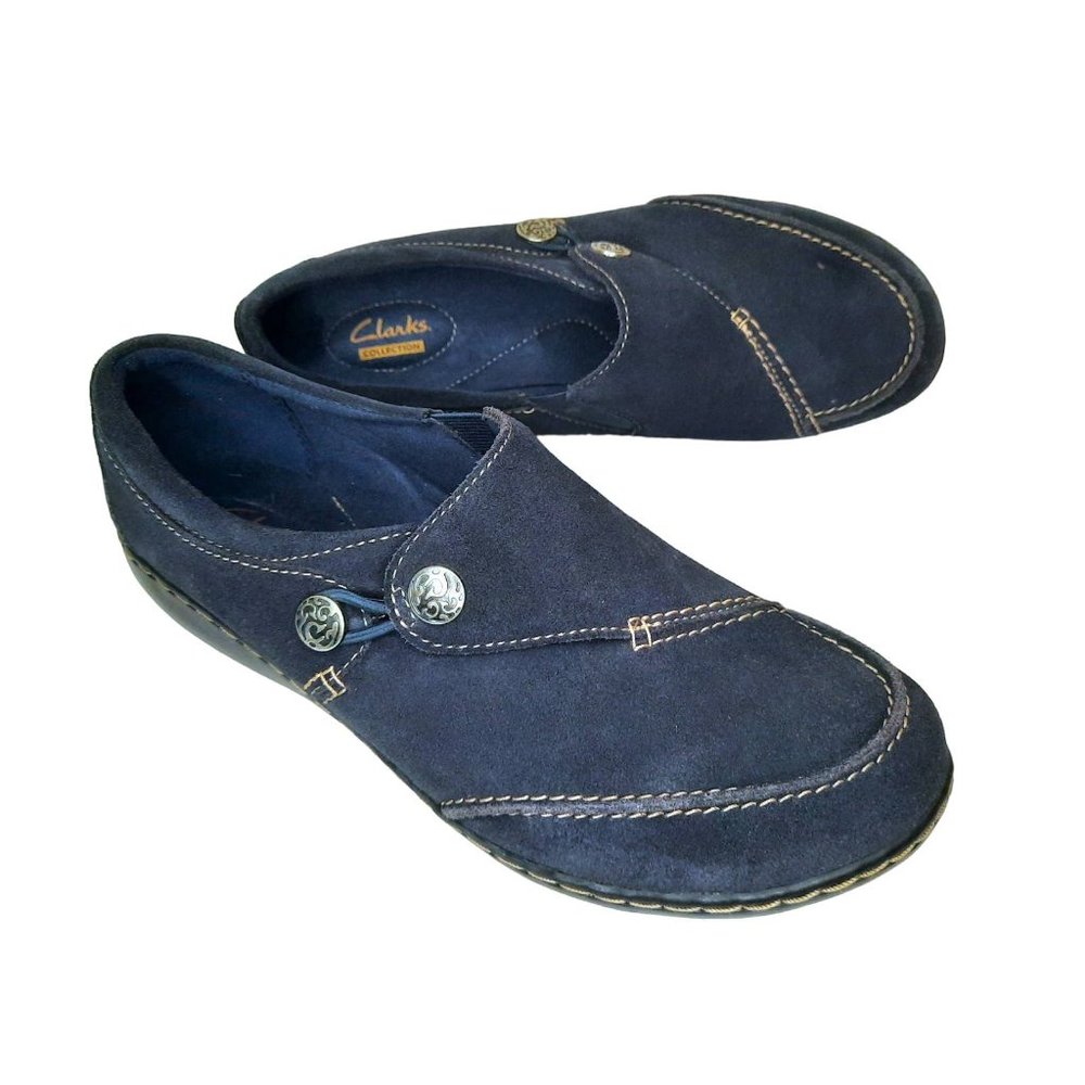Clarks Collection Navy Blue Suede Leather Women's Loafers Size 8.5W (AA)
